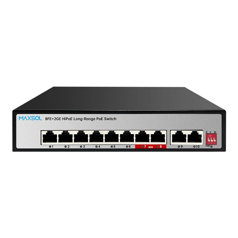 Maxsol PS1802GE long-range PoE switch with 8 PoE ports and 2 Gigabit uplink ports