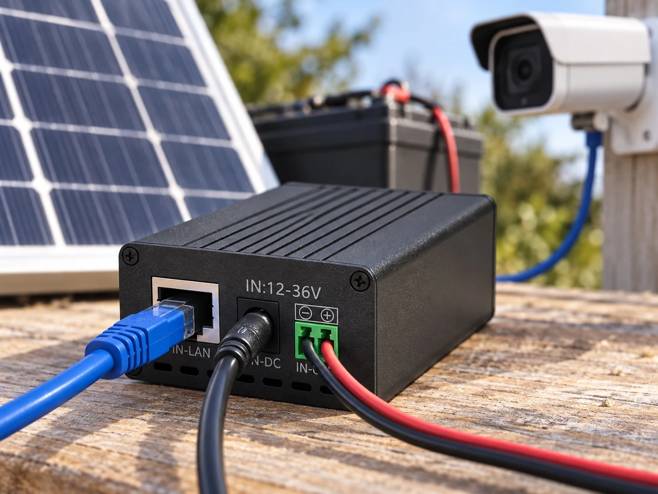 Maxsol POE24V DC-to-PoE power converter with Ethernet connections and LCD voltage display