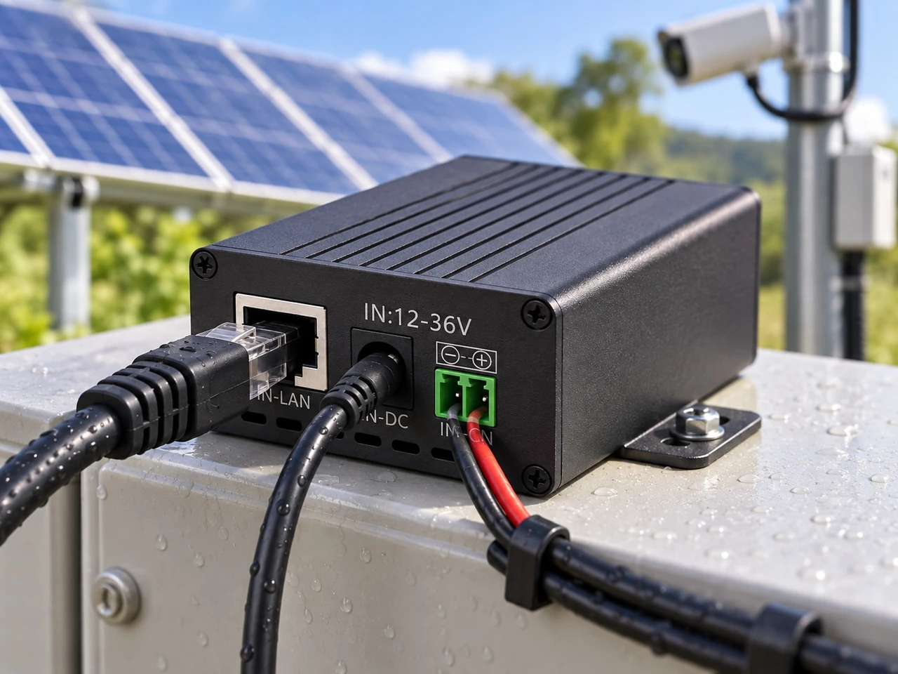 Maxsol POE24V DC-to-PoE converter with Ethernet ports and LCD voltage display